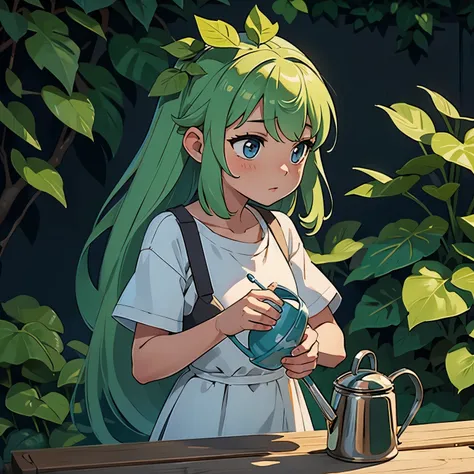 A girl uses a watering can to water the futaba leaves growing on her head.