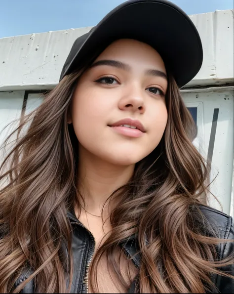 there is a woman with long hair wearing a hat and a black jacket, ele concorda, retrato de sophie mudd, hailee steinfeld, kailee...