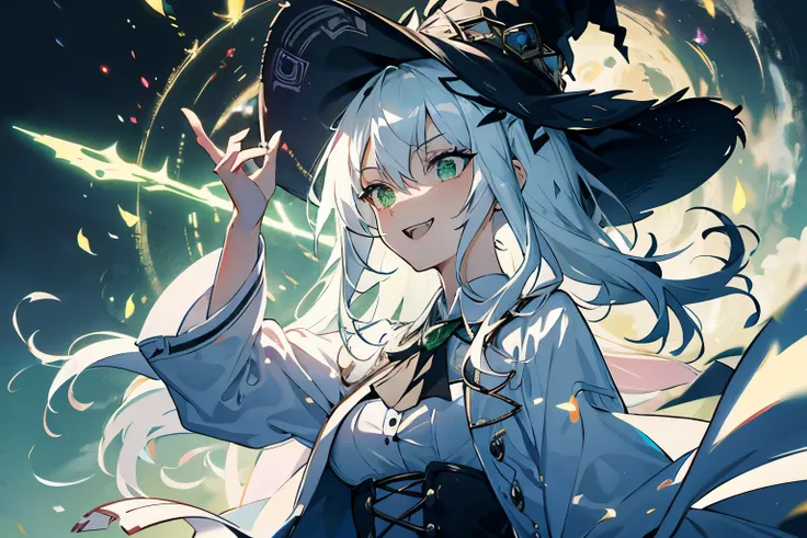(ultra-detailed, perfect pixel, highres, best quality, beautiful eyes finely detailed), female, witch, full of magic aura, smirk facial expression, sharp green eye color (glowing green eyes), white hair, long hair, black middle age outfit, witch point hat,...