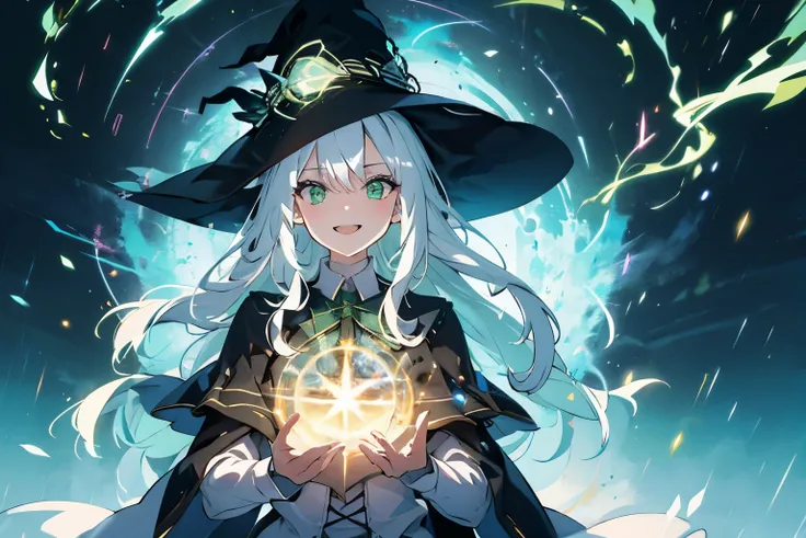 (ultra-detailed, perfect pixel, highres, best quality, beautiful eyes finely detailed), female, witch, full of magic aura, smirk facial expression, sharp green eye color (glowing green eyes), white hair, long hair, black middle age outfit, witch point hat,...
