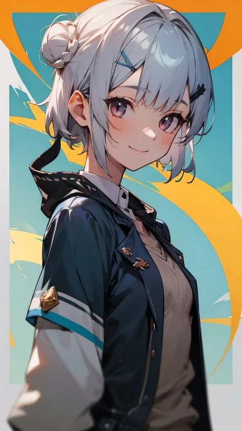 Portrait of one person、16 year old girl、riders jacket、small breasts、Short hairstyles for silver hair and bob、Hair tied up in a bun with a hair clip、Shining pink round eyes、smile, impression, (oil), Blue and orange tones、Zelda Style