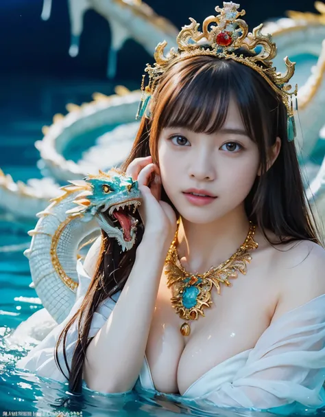 (very heavy chest)、highest quality、masterpiece、ultra high resolution、（ice dragon armor）、(((Metal製))),(((big breasts)))、(((Yellow Micro Bikini))),(she wears a beautiful crown made of precious stones.),(Photoreal:1.4)、RAW photo、1 girl、(((random hair))、(((col...