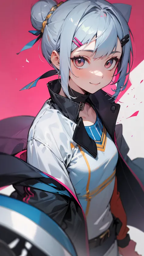 Portrait of one person、16 year old girl、riders jacket、small breasts、Short hairstyles for silver hair and bob、Hair tied up in a bun with a hair clip、Shining pink round eyes、smile, impression, (oil), Blue and orange tones、Zelda Style