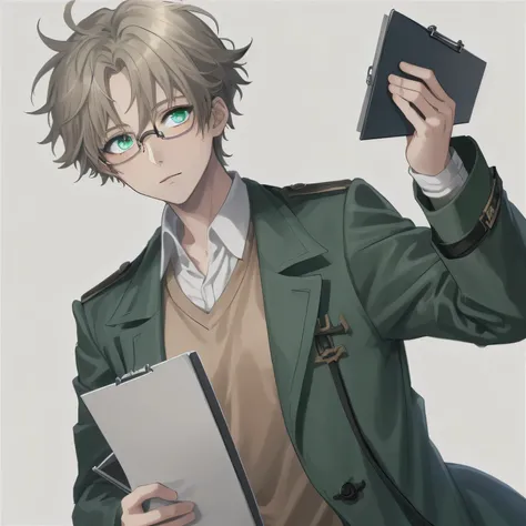 1boy, anime, slate_blue_messy_hair, green_eyes, bronze_trench_coat, beige_t-shirt, clipboard, glasses, white_background, looking_at_viewer