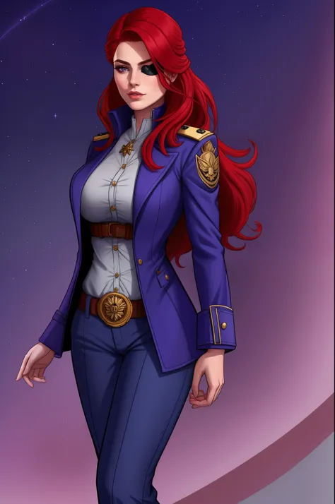 Captain Alexandra Nelly: bright red hair with purple streaks, deep blue left eye with a faint magical glow, right eye covered by a plain eye patch concealing a scar extending across the right side of her face. Wears a practical yet stylish captains outfit:...