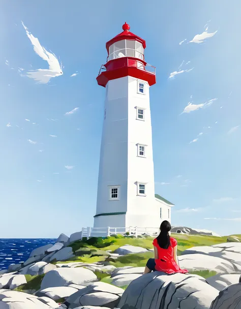 Chinese girl sitting in beautiful Peggy&#39;s Cove, Canada，Looking up at the huge lighthouse