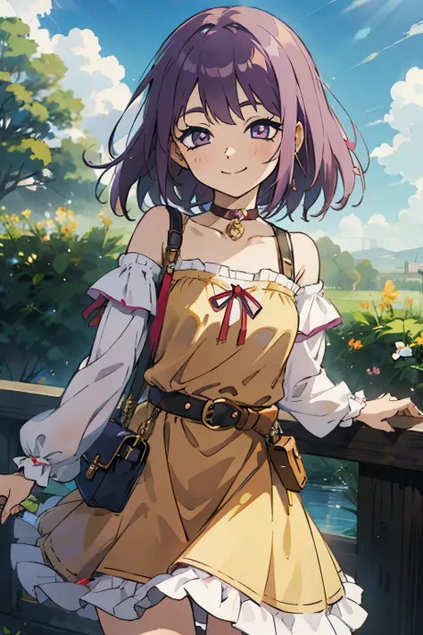 Kisho, 1 girl, Purple hair, Purple eyes, Fantasy World, Ruins, Bang, Beautiful sky, shining sky, Sunshine, Smiling, Waving, Belt bag, wristbands, ribbon choker, Dresses that blow the wind, black Lace dress, sweater, Off-shoulder sleeves