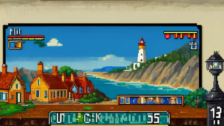 photo of a scene from an 8-bit computer game, side view, 2d, the hero walking along the coast to the lighthouse, a monster standing in the way, fighting, 8-bit depth of field, 