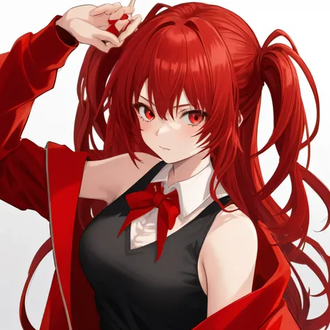 1girl, anime, red_flowy_hair, red_eyes, cocky, white_tanktop, scarlet_red_jacket, black_tie, white_background, looking_at_viewer_from_below, close_up