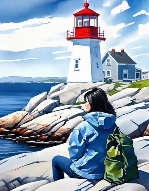 Smoking Chinese girl sitting in beautiful Peggy's Cove, Canada,Looking up at the huge lighthouse,Blue Jacket Jeans,sitting position,travel bag,back view,Gouache,painting,