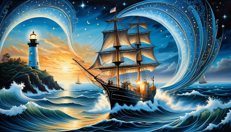 elaborate crossover illustration, high ground and fine detail sea, intricate detail if 1 lighthouse, 1 seasoned and fearless slender fisherman of upper body, stunning fine detailed fishing ship, falling star, high quality, best quality, distinctly contrast...