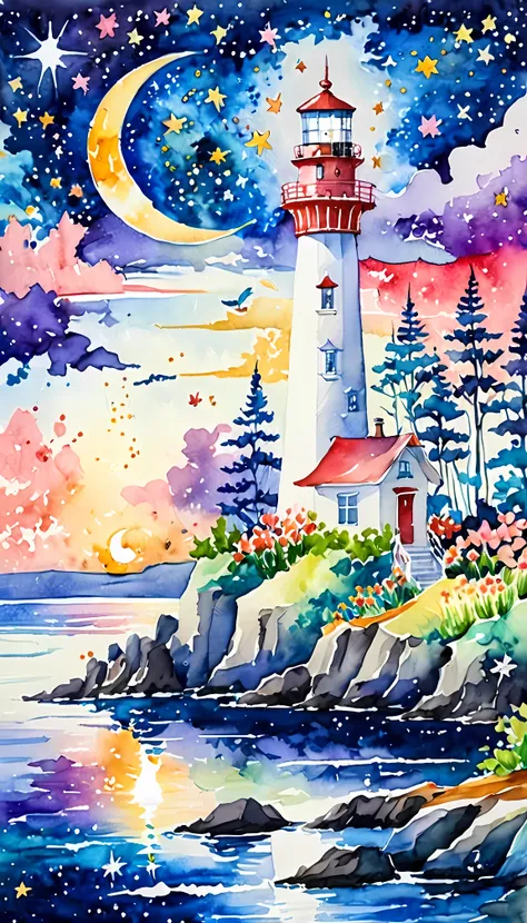 Watercolor painting, masterpiece in maximum 16K resolution, superb quality, a whimsical tall lighthouse on a floating big island, the lighthouse has playful design, the floating island has colorful flowers and whimsical trees, night sky with winkling stars...