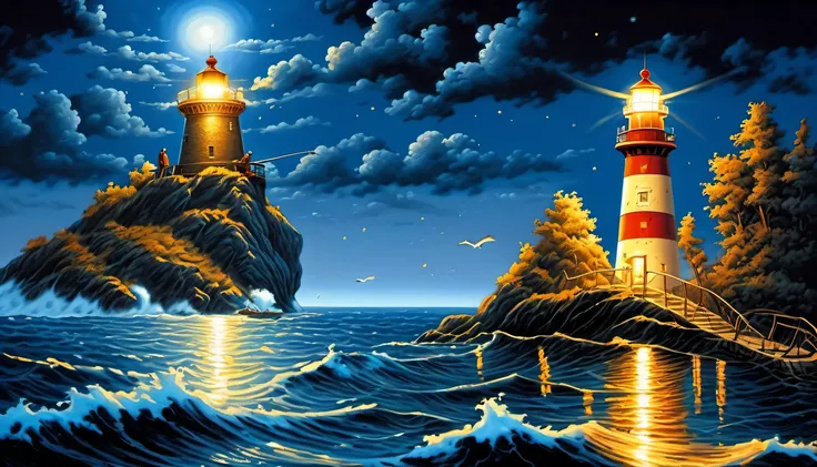 elaborate crossover illustration, high ground and fine detail sea, intricate detail if 1 lighthouse, 1 seasoned and fearless slender fisherman of upper body, stunning fine detailed fishing ship, falling star, high quality, best quality, distinctly contrast...