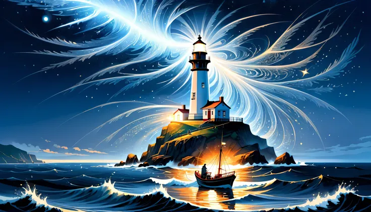 elaborate crossover and multiple-exposure-like illustration, high ground and fine detail sea, intricate detail if 1 lighthouse, 1 seasoned and fearless slender fisherman of upper body, stunning fine detailed fishing ship, falling star, high quality, best q...