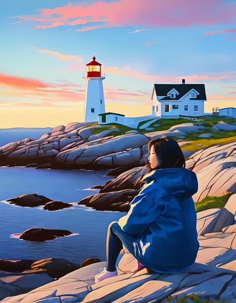 chinese girl sitting in beautiful peggy&#39;s cove, canada，looking up at the huge lighthouse，blue jacket jeans，sitting position，...