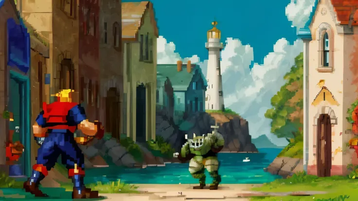 photo of a scene from an 8-bit computer game, the hero walking along the coast to the lighthouse, a monster standing in the way, fighting, 8-bit depth of field, 