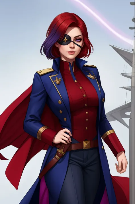 Captain Alexandra Nelly: bright red hair with purple streaks, deep blue left eye with a faint magical glow, right eye covered by a plain eye patch concealing a scar extending across the right side of her face. Wears a practical yet stylish captains outfit:...