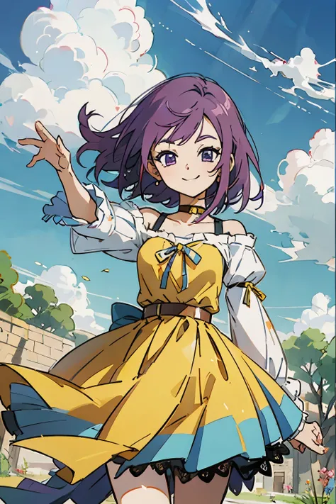 kisho, 1 girl, purple hair, purple eyes, showa town, ruins, bang, beautiful sky, shining sky, sunshine, smiling, waving, belts, ...