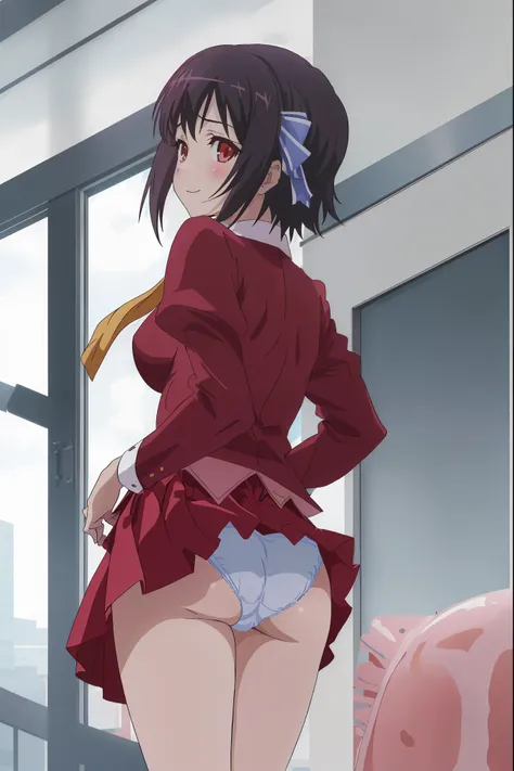 NSFW,1girl in,standing,((from behind,looking back,hand on own ass)),(Portrait),Looking at Viewer,Tomomi_Xijing, bow ribbon, Short hair, School uniform,red school uniform,Winter clothes,Long sleeves,red Long skirt,Panties,Perfect Lighting,(strong light),((b...