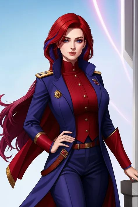 Captain Alexandra Nelly: bright red hair with purple streaks, deep blue left eye with a faint magical glow, right eye covered by a plain eye patch concealing a scar extending across the right side of her face. Wears a practical yet stylish captains outfit:...