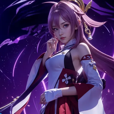 a close up of a girl with a sword in a purple background, genshin impact character, azur lane style, realistic