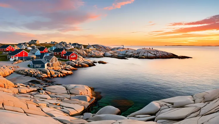 （坐在堤坝吃lobster的中国短发女孩背影：0.85），Canada&#39;s horseshoe-shaped Peggy&#39;s Cove in the center of the picture，There are rocks on both sides，Huge sunset，，post office，lobster，sunglasses，Backpack，cigarette case