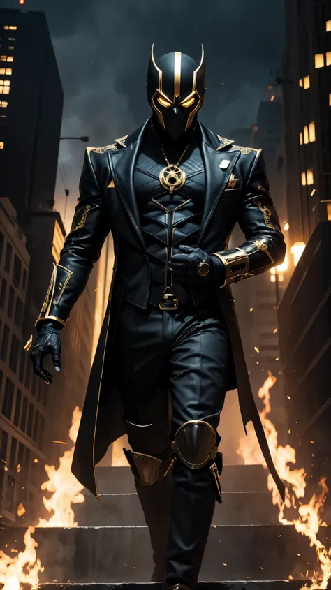 A Super Villain who wears a sinister black and gold mask that has a black suit with gold details