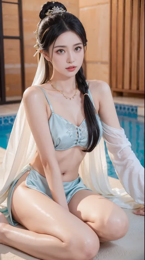 best picture quality，extremely high resolution，Very detailed，stunning girl，sitting in the pool，long eyelashes，big eyes，shining eyes，lying silkworm，plump lips，small nose，a happy expression，Sweet，Exquisite makeup，full-body shot，snow white skin，slim figure，ta...