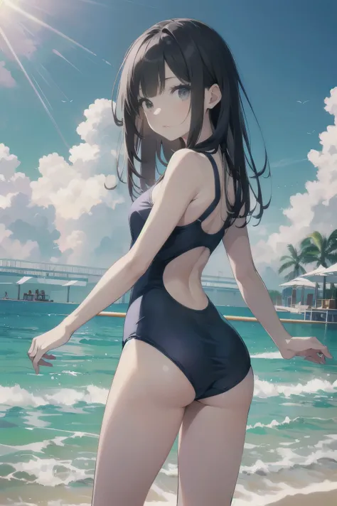 High quality、highest quality、complete limbs、Ultra high definition、vivid colors、droopy eyes、full finger、slender beauty、knee high、school swimsuit、school swimwear、surprised、resort hotel、back angle