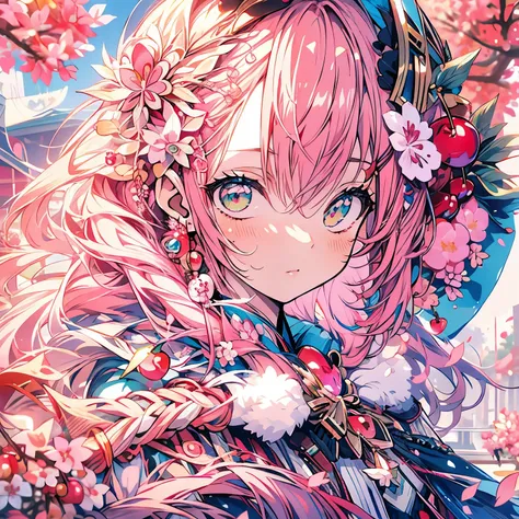 highest quality、masterpiece、anime girl、Hatsune Miku、pink hair、whole body、(((Cherry hair ornament)))、cherry blossom background、