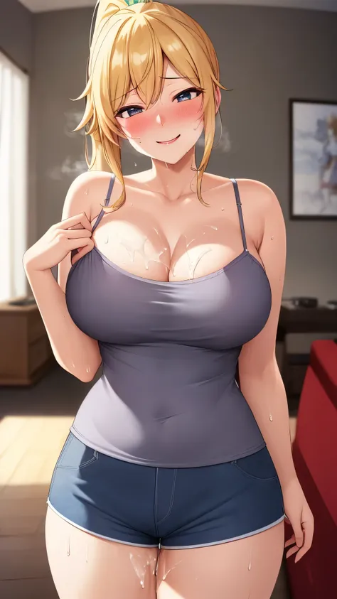 (best quality:1.5, highres, UHD, 4K, detailed lighting, shaders, HDR, hand depiction, anime style), blonde ponytail, large breasts, camisole, smiling, shorts, standing, blushing:1.5, living room background, (sweaty, cum), sexy, erotic, lewd, seductive, clo...