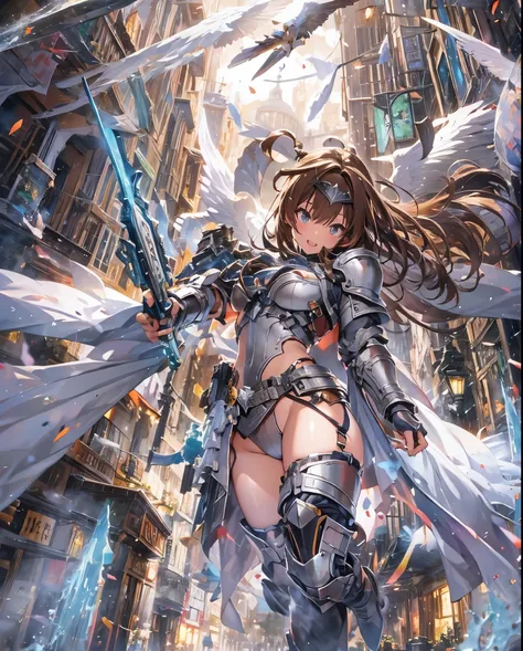 fantasy, 1angel_girl,low_teen, ,brown_hair, medium_bob_hair, long_bangs, halo,bare_shoulder,thighhighs,silver_armor, waist_armor, large_breasts,angry,grinning,open_mouth_teeth, 1pair_wings, dynamic_pose_fighting,floating, bare_crotch, headgear,gauntlet, gr...