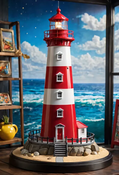 (best quality,ultra-detailed,highres,masterpiece:1.2),Lighthouse toys made of extremely smooth polycarbonate are displayed on the booth,(vivid colors:1.1),(realistic,photo-realistic:1.37) display,exquisite craftsmanship,lifelike textures,sparkling reflecti...