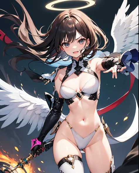 fantasy, 1angel_girl,, ,brown_hair, medium_bob_hair, long_bangs, halo,bare_shoulder,thighhighs,silver_armor, waist_armor, large_breasts,angry,grinning,open_mouth_teeth, 1pair_wings, dynamic_pose_fighting,floating, bare_crotch, headgear,gauntlet, greaves,ci...