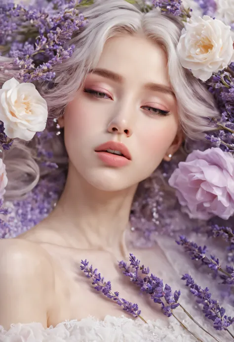 feminine,High detail and quality、8k ultra hd、3D、Beautiful woman,plump lips、lavender bouquet,Seamless patterns、neutral pastel colors,Mysterious off-white world,fabric art、art station、A number of pastel and delicate designs that combine magic and fantasy々、sp...