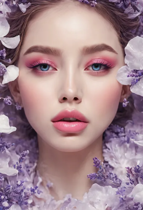 feminine,High detail and quality、8k ultra hd、3D、Beautiful woman,plump lips、lavender,fashion magazine cover,Seamless patterns、neutral pastel colors,Mysterious off-white world,fabric art、art station、A number of pastel and delicate designs that combine magic ...