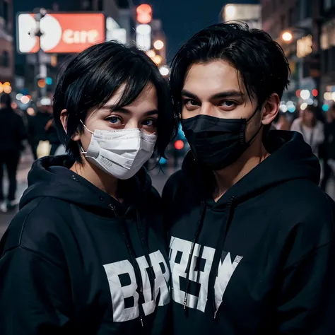 Couple boy and girl, 1 handsome boy and beautiful girl with black hoodie (short hair), black hair, blue eyes, street style, gradattion hoodie black, night city background, shiny, viewing viewer, upper body, with mask