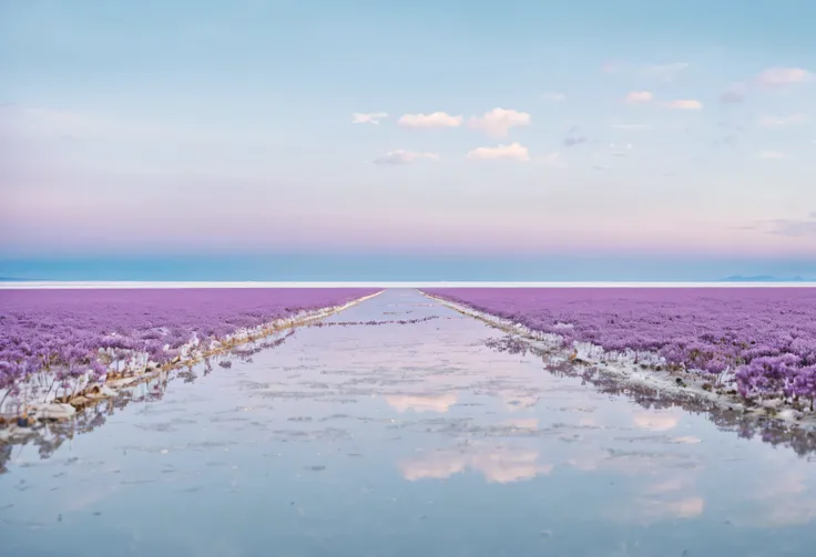 High resolution,8k ultra hd,neutral pastel colors,Mysterious off-white world,Imagine the Salar de Uyuni,rainy season、The water surface shines like a mirror、The color of the sky is reflected、Lavender blooms on the water surface, Simple off-white chic elemen...