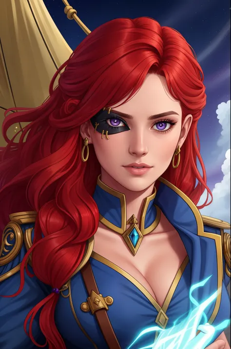 Imagine a dynamic portrait of Captain Alexandra Nelly, a fearless sky pirate hunter with a vibrant and complex background. She stands confidently, embodying both her human and mystical air spirit heritage. Her bright red hair, infused with streaks of purpl...