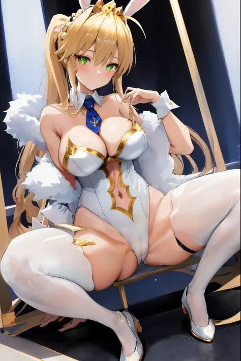 masterpiece, best quality, absurdres, looking at viewer, (light_smile:0.6),
1girl, ahoge, rabbit ears, playboy bunny, artoria pendragon (swimsuit ruler) (fate), large breasts , blonde hair, green eyes, french braid,  pony tail
bare shoulders, large breasts...