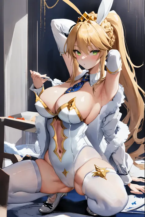 masterpiece, best quality, absurdres, looking at viewer, (light_smile:0.6),
1girl, ahoge, rabbit ears, playboy bunny, artoria pendragon (swimsuit ruler) (fate), large breasts , blonde hair, green eyes, french braid,  pony tail
bare shoulders, large breasts...