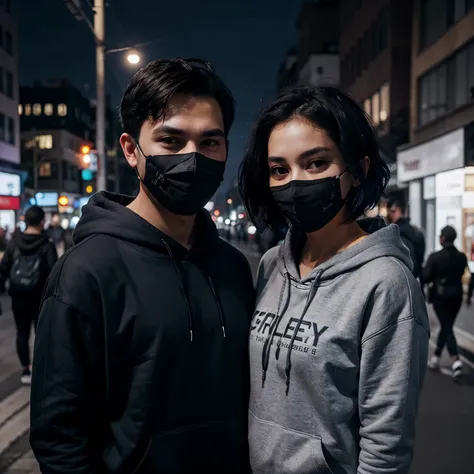 Couple boy and girl, 1 handsome boy and beautiful girl with black hoodie (short hair), black hair, blue eyes, street style, gradattion hoodie black grey, night city background, shiny, viewing viewer, upper body, with mask