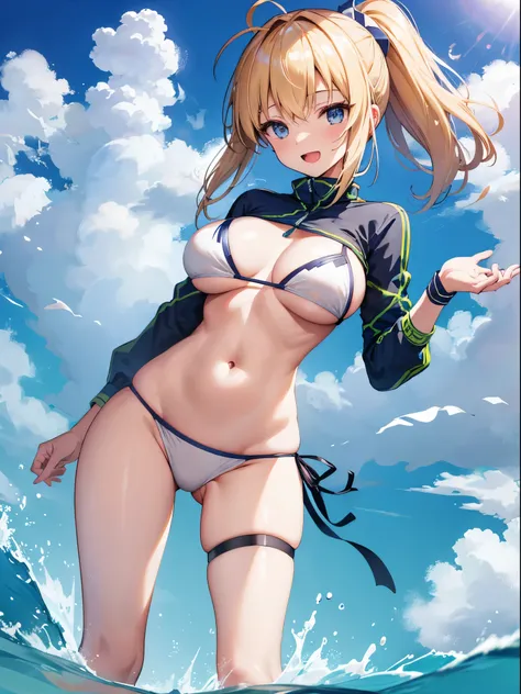 masterpiece,(ultra-detailed),1girl, mysterious heroine xx (fate), smile,open mouth, swimsuit, white bikini, side-tie bikini bottom, shrug (clothing), jacket,  thigh strap, wristband,  large_breasts, ocean, splashing,blonde_ponytail,open_legs,