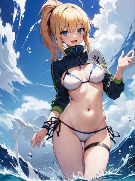 masterpiece,(ultra-detailed),1girl, mysterious heroine xx (fate), smile,open mouth, swimsuit, white bikini, side-tie bikini bottom, shrug (clothing), jacket,  thigh strap, wristband,  large_breasts, ocean, splashing,blonde_ponytail,open_legs,