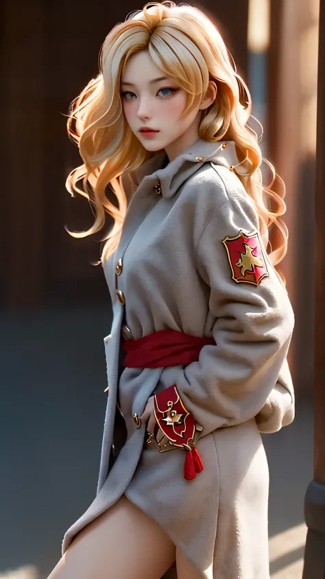 Realistic Red Sotheby Girl Photo，35 year old beautiful woman，long side waves，delicate blonde hair，cool look，background is gray，Coat of arms of the Principality of Zeon，