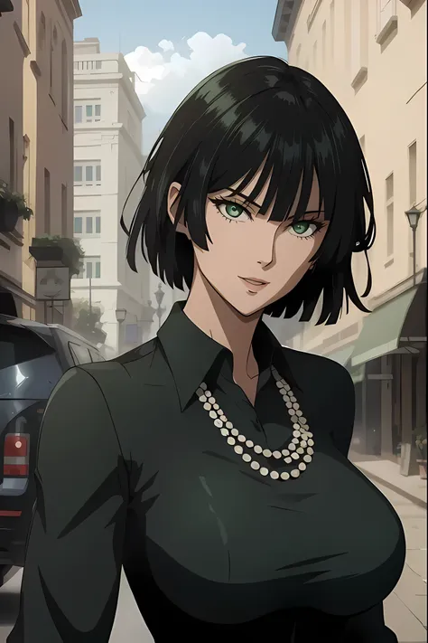 fubuki, 1girl, solo, dress, green eyes, green hair, dark green dress, long dress, full sleeves, pearl necklace, city, looking at...