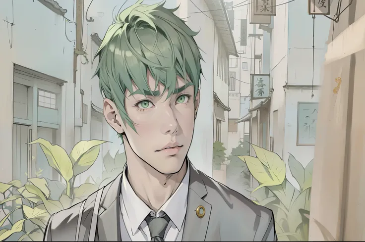 cute boy with green hair, green eyes, 16 years old,Imagen de estilo anime de un hombre con traje y corbata en una ciudad., inspirado en Yanjun Cheng, kentaro miura manga art style, retrato anime de un hombre guapo, chico anime alto con ojos azules, en un e...