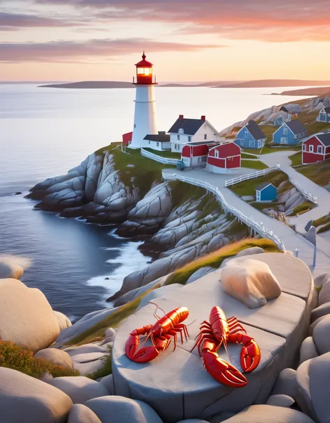 （three chinese students are looking at the lighthouse，happy eating lobster：0.85），flat hair style，sitting on the embankment，sungl...