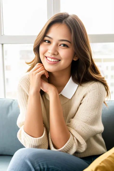 Smiling woman sitting on a couch with her hand on her chin, Retrato no meio da foto, Mulher jovem sorridente, retrato photoshoot, imagem retrato, foto da mulher jovem, bonito e sorridente, cindy avelino, retrato, foto de retrato detalhada, Retrato de Sophi...