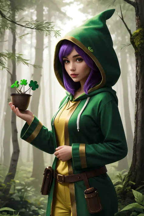 In a green hood there is a female Gnome, wearing a hat with a four-leaf clover, wearing a green and yellow outfit. With two pistols and a pot of magic gold. Behind her is a forest with trees with purple leaves.